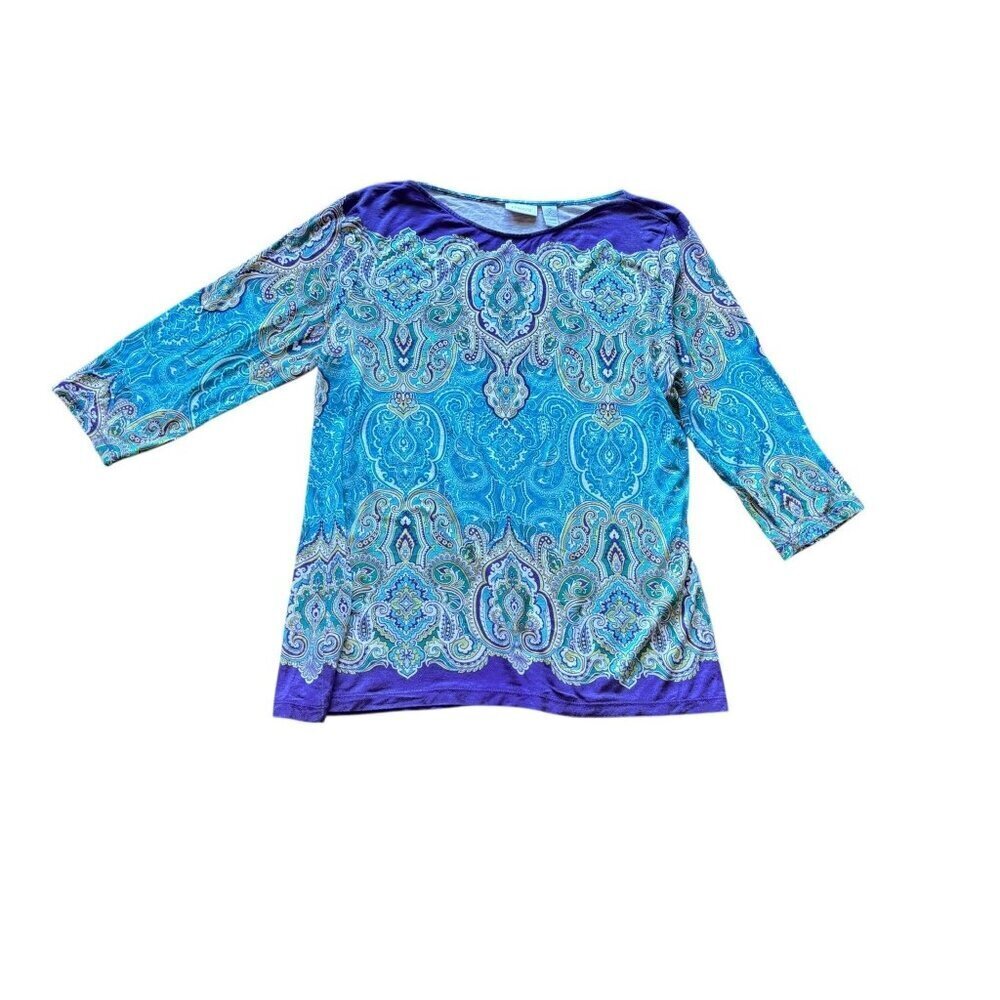 Chico's WOmen's Border Paisley GiGi Top in a Multicolor Paisley Pattern with 3/4 - Picture 3 of 8